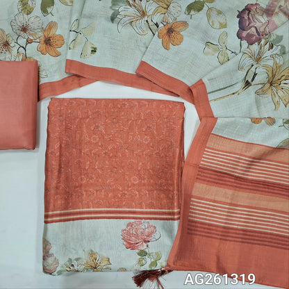 Brick red digital printed viscous Silk unstitched salwar material,floral daman(shiny,Lining Needed)silky bottom, floral design on viscous silk dupatta with contrast pallu and borders. AG261319