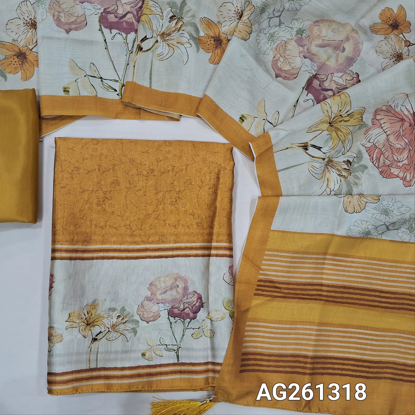 Mehandhi yellow digital printed viscous Silk unstitched salwar material,floral daman(shiny,Lining Needed)silky bottom, floral design on viscous silk dupatta with contrast pallu and borders. AG261318