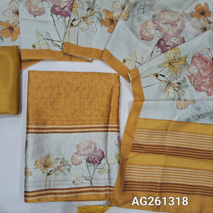 Mehandhi yellow digital printed viscous Silk unstitched salwar material,floral daman(shiny,Lining Needed)silky bottom, floral design on viscous silk dupatta with contrast pallu and borders. AG261318