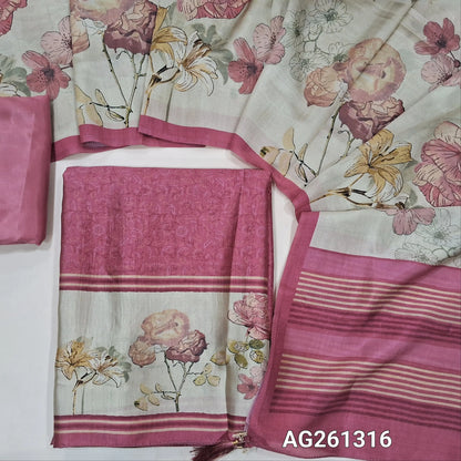 Pink digital printed viscous Silk unstitched salwar material,floral daman(shiny,Lining Needed)silky bottom, floral design on viscous silk dupatta with contrast pallu and borders. AG261316