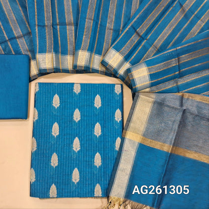 Teal blue benarasi silk cotton unstitched salwar material,zari woven buttas and zari lines all over,gold tissue daman,(Lining Needed)silk cotton bottom, gold tissue lines on tissue silk cotton dupatta with borders. AG261305
