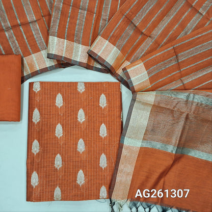 Rust orange benarasi silk cotton unstitched salwar material,zari woven buttas and zari lines all over,gold tissue daman,(Lining Needed)silk cotton bottom, gold tissue lines on tissue silk cotton dupatta with borders. AG261307