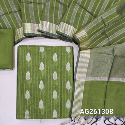 Green benarasi silk cotton unstitched salwar material,zari woven buttas and zari lines all over,gold tissue daman,(Lining Needed)silk cotton bottom, gold tissue lines on tissue silk cotton dupatta with borders. AG261308