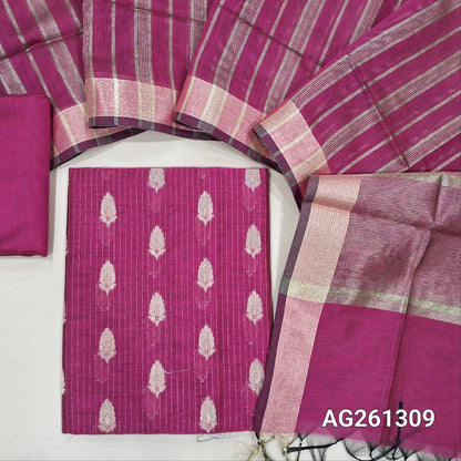 Rani pink benarasi silk cotton unstitched salwar material,zari woven buttas and zari lines all over,gold tissue daman,(Lining Needed)silk cotton bottom, gold tissue lines on tissue silk cotton dupatta with borders. AG261309