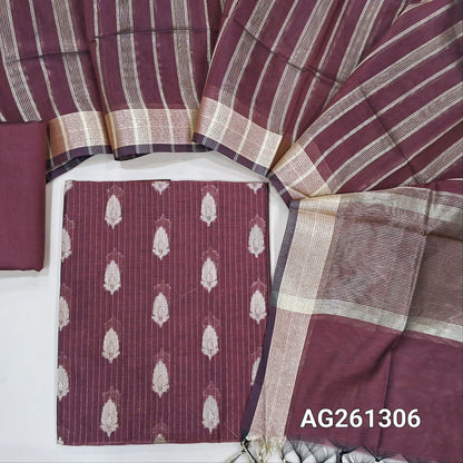 Dark maroon benarasi silk cotton unstitched salwar material,zari woven buttas and zari lines all over,gold tissue daman,(Lining Needed)silk cotton bottom, gold tissue lines on tissue silk cotton dupatta with borders. AG261306