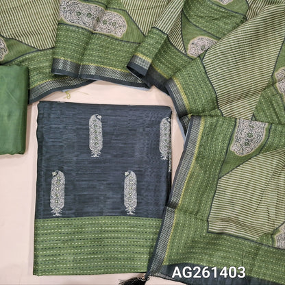 Black jute silk unstitched salwar material, digital printed with sequins work on front, (textured, lining needed)olive green silky bottom,digital printed jute silk dupatta with zari woven borders. AG261403