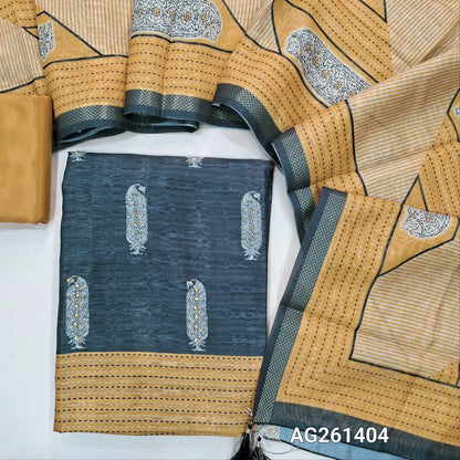 Black jute silk unstitched salwar material, digital printed with sequins work on front, (textured, lining needed)mehandhi yellow silky bottom,digital printed jute silk dupatta with zari woven borders. AG261404