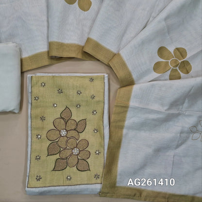 Off White silk cotton unstitched salwar material,golden beige yoke with embroidery work(Lining Needed)spun cotton bottom, digital printed soft silk cotton dupatta. AG261410