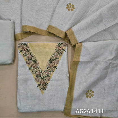 Off White silk cotton unstitched salwar material,V neck with thread embroidery on yoke,(Lining Needed)spun cotton bottom, digital printed soft silk cotton dupatta. AG261411