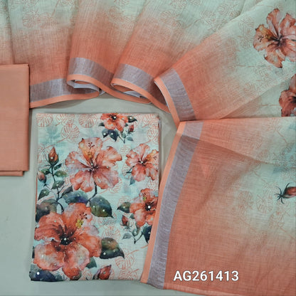 Peach semi linen unstitched salwar material(lining needed) floral print, bead work on daman, matching silky bottom, digital floral printed semi linen dupatta (TAPING NEEDED). AG261413