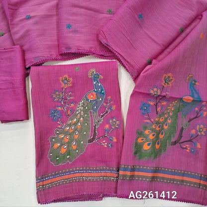 Pink premium silk cotton unstitched salwar material,(thin, lining needed)weaving yoke with bead detailing, buttas all over,weaving design with zardozi and bead on daman, santoon bottom,thread weaving on premium silk cotton dupatta with tapping. AG261412