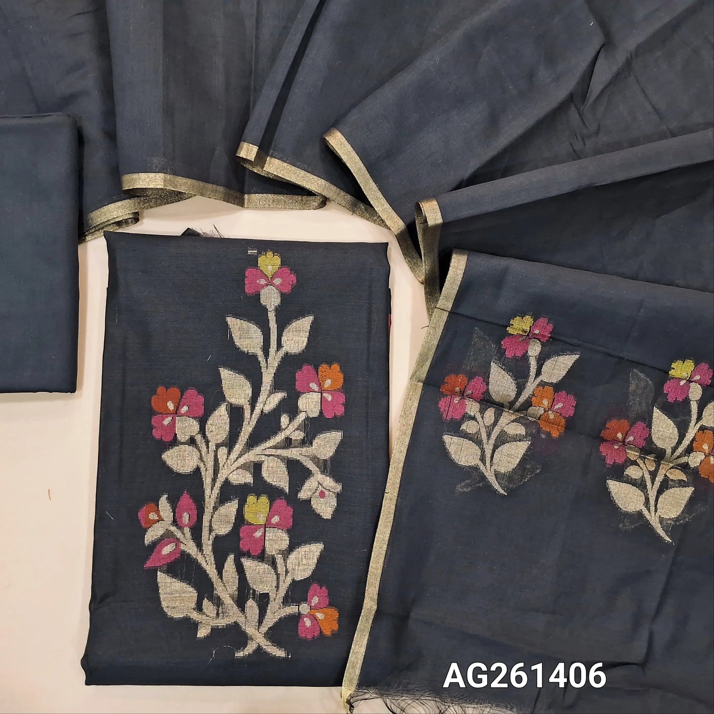 Black silk cotton unstitched salwar material,zari and meenakari weaving on front,gold tissue daman,(Lining Needed)silk cotton bottom, silk cotton dupatta with weaving pallu. AG261406