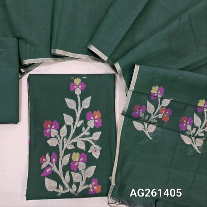 Dark green silk cotton unstitched salwar material,zari and meenakari weaving on front,gold tissue daman,(Lining Needed)silk cotton bottom, silk cotton dupatta with weaving pallu. AG261405