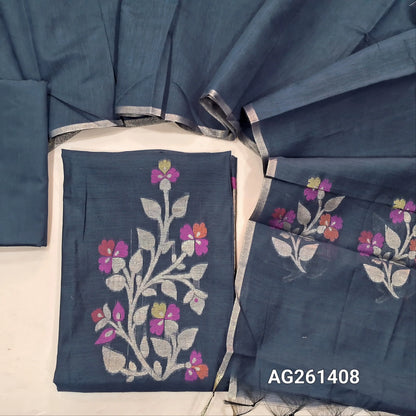 Dark blue silk cotton unstitched salwar material,zari and meenakari weaving on front,gold tissue daman,(Lining Needed)silk cotton bottom, silk cotton dupatta with weaving pallu. AG261408