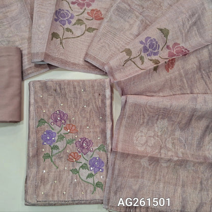 Pastel pink with golden tint Tissue silk unstitched salwar material, embroidery and sequins work on yoke,(lining needed)silky bottom,digital printed on metallic tissue silk dupatta with fancy tassles. AG261501