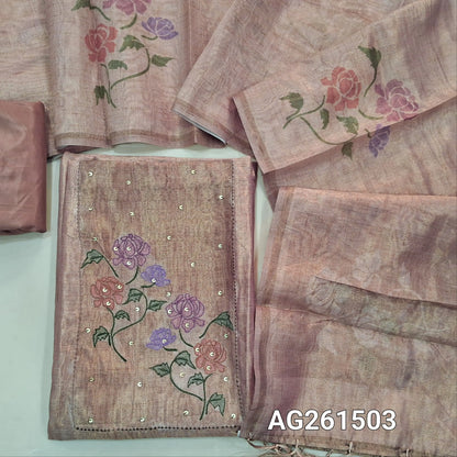 Light peachish pink with golden tint Tissue silk unstitched salwar material, embroidery and sequins work on yoke,(lining needed)silky bottom,digital printed on metallic tissue silk dupatta with fancy tassles. AG261503