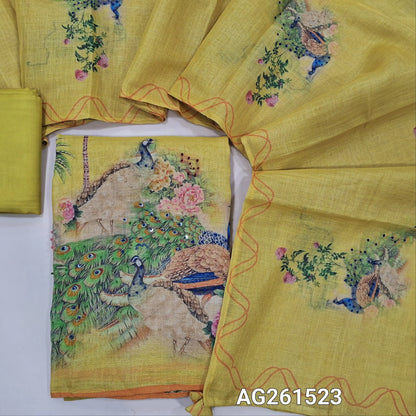 Designer pastel yellow with golden tint tissue linen unstitched salwar material, digital prints highlighted with hand embroidery work (Textured, Lining Needed) Matching Santoon Bottom, Digital printed dupatta with embroidery with borders. AG261523