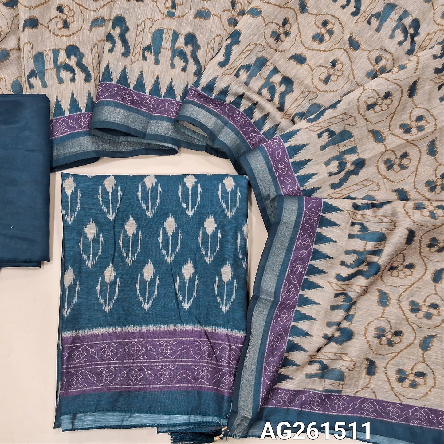 Dark blue digital printed soft silk cotton unstitched salwar material,(Lining Needed)silky bottom,digital printed silk cotton dupatta with gold tissue borders. AG261511