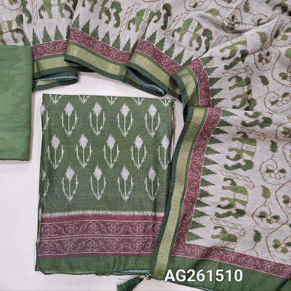 Olive green digital printed soft silk cotton unstitched salwar material,(Lining Needed)silky bottom,digital printed silk cotton dupatta with gold tissue borders. AG261510