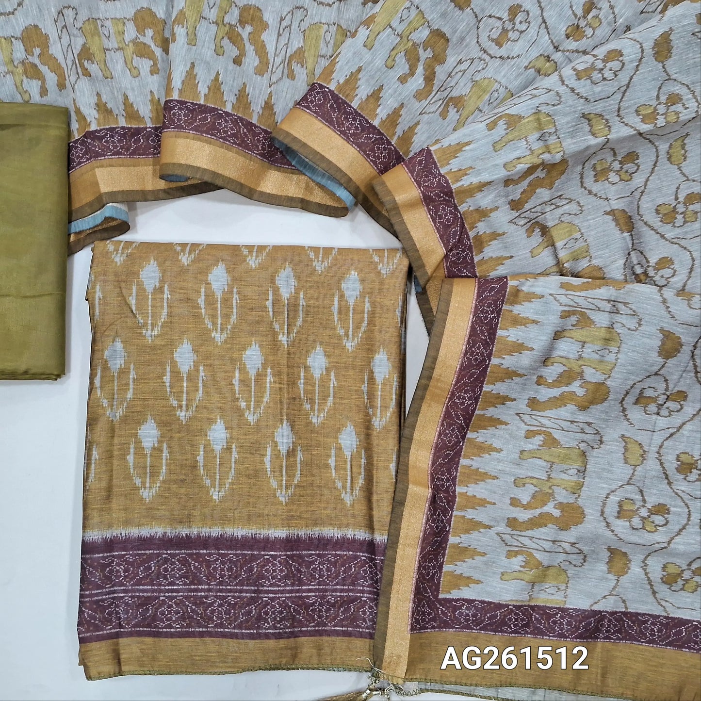 Mehandhi yellow digital printed soft silk cotton unstitched salwar material,(Lining Needed)silky bottom,digital printed silk cotton dupatta with gold tissue borders. AG261512