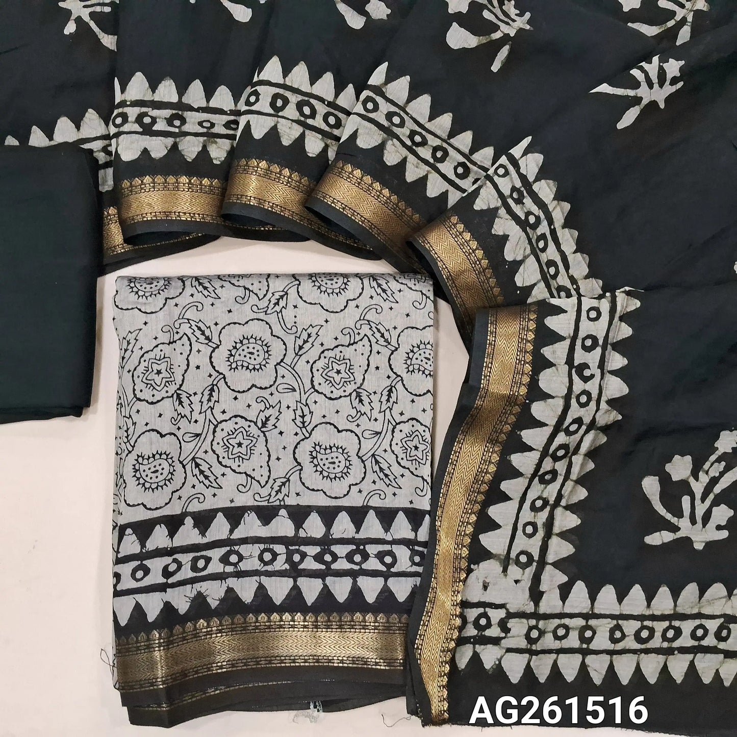 Beige printed soft silk cotton unstitched salwar material,zari borders daman,(Lining Needed)spun cotton bottom,printed full length soft silk cotton dupatta with borders(TAPPING NEEDED). AG261516