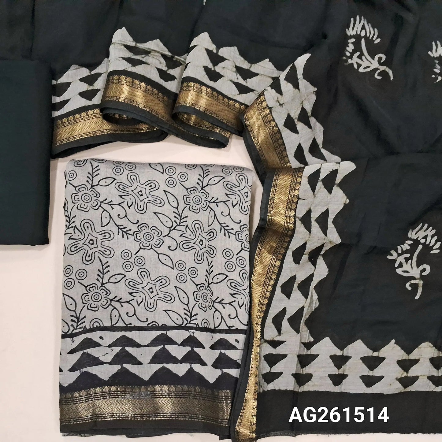 Beige printed soft silk cotton unstitched salwar material,zari borders daman,(Lining Needed)spun cotton bottom,printed full length soft silk cotton dupatta with borders(TAPPING NEEDED). AG261514