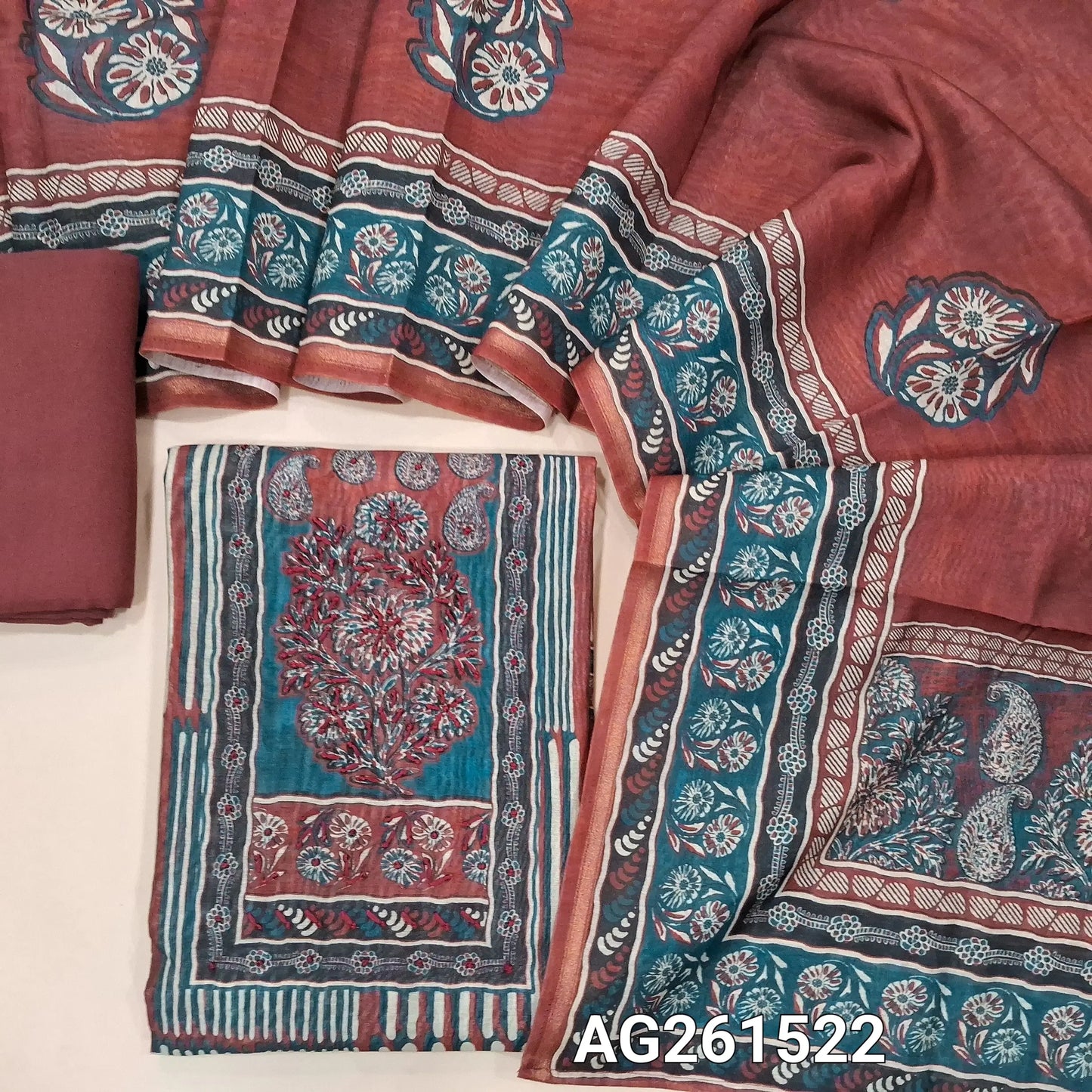 Multicolored abstract printed silk cotton unstitched salwar material,thread work on yoke, (Lining Needed) dark maroon spun cotton bottom,digital printed silk cotton dupatta. AG261522