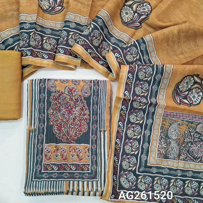 Multicolored abstract printed silk cotton unstitched salwar material,thread work on yoke, (Lining Needed)mehandhi yellow spun cotton bottom,digital printed silk cotton dupatta. AG261520