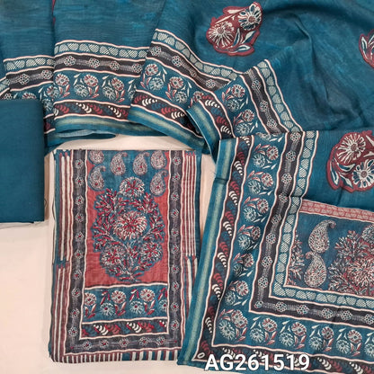 Multicolored abstract printed silk cotton unstitched salwar material,thread work on yoke, (Lining Needed)teal blue spun cotton bottom,digital printed silk cotton dupatta. AG261519