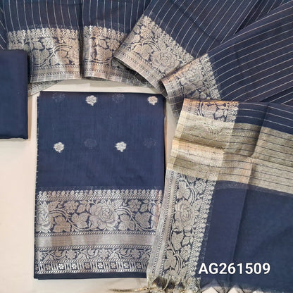 Dark blue benarasi silk cotton unstitched salwar material,checked design on yoke,buttas on front,antic gold zari weaving daman,(Lining Needed)silk cotton bottom,zari lines on silk cototn dupatta with tissue pallu and borders. AG261509