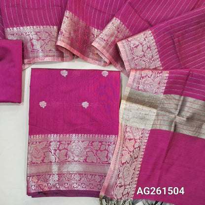 Rani pink benarasi silk cotton unstitched salwar material,checked design on yoke,buttas on front,antic gold zari weaving daman,(Lining Needed)silk cotton bottom,zari lines on silk cotton dupatta with tissue pallu and borders. AG261504