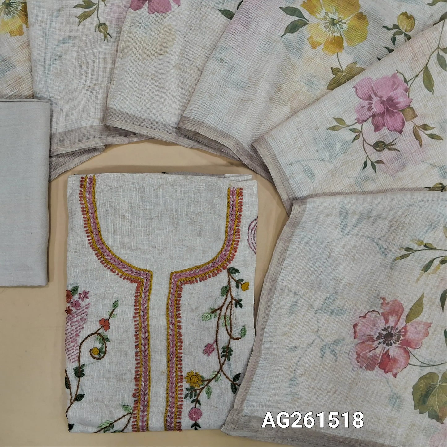 Designer rich beige linen unstitched salwar material,abstract printed all over, rich hand embroidery work on front, (lining needed)spun cotton bottom, digital printed linen dupatta. AG261518