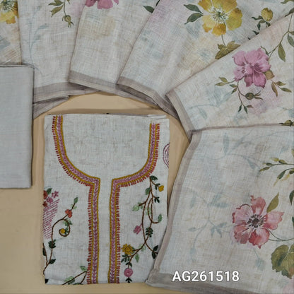 Designer rich beige linen unstitched salwar material,abstract printed all over, rich hand embroidery work on front, (lining needed)spun cotton bottom, digital printed linen dupatta. AG261518