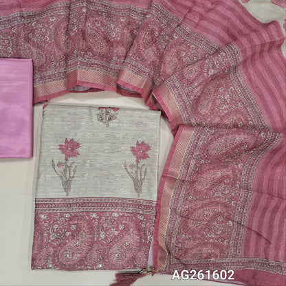 Beige semi jute silk cotton unstitched salwar material, floral printed with sequins work on front,( lining needed)lpink silky bottom,digital printed semi jute silk cotton dupatta with zari woven borders. AG261602