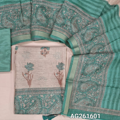 Beige semi jute silk cotton unstitched salwar material, floral printed with sequins work on front,( lining needed)turquoise green silky bottom,digital printed semi jute silk cotton dupatta with zari woven borders. AG261601