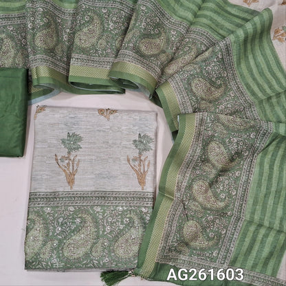 Beige semi jute silk cotton unstitched salwar material, floral printed with sequins work on front,( lining needed)leafy green silky bottom,digital printed semi jute silk cotton dupatta with zari woven borders. AG261603