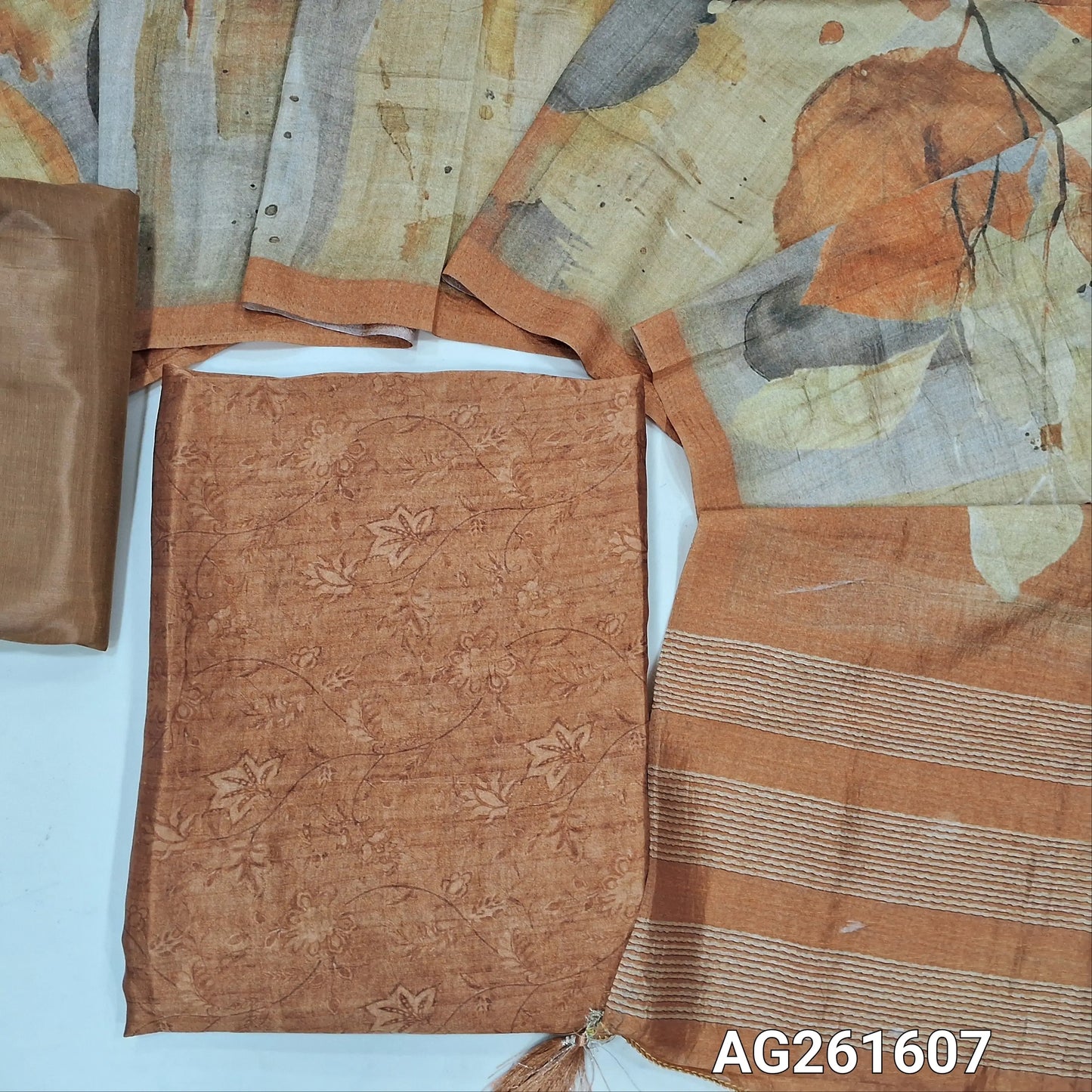 Honey brown digital printed premium viscous Silk unstitched salwar material,(shiny,Lining Needed)silky bottom, digital printed premium viscous silk dupatta. AG261607