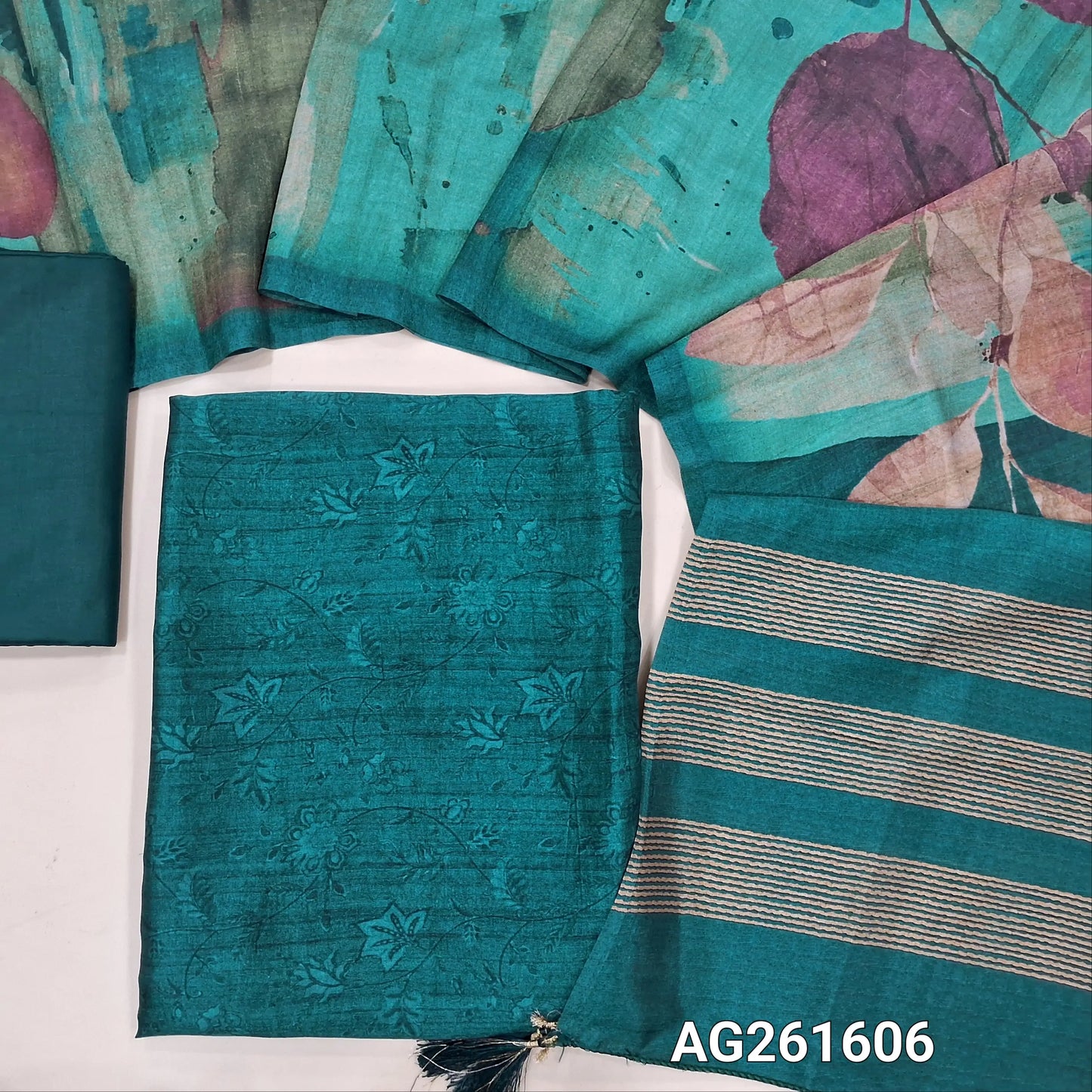 Dark teal blue digital printed premium viscous Silk unstitched salwar material,(shiny,Lining Needed)silky bottom, digital printed premium viscous silk dupatta. AG261606