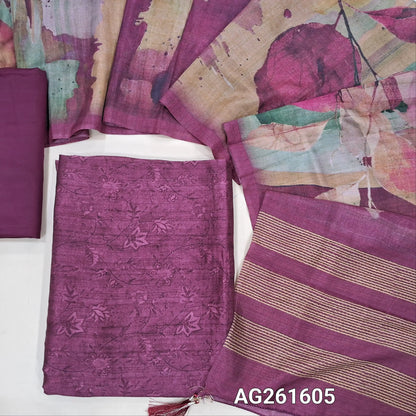 Dark beetroot purple digital printed premium viscous Silk unstitched salwar material,(shiny,Lining Needed)silky bottom, digital printed premium viscous silk dupatta. AG261605