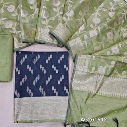 Dark blue benarasi silk cotton unstitched salwar material, zari buttas all over,antic gold zari weaving on daman,(Lining needed)pastel green silk cototn bottom, benarasi zari woven silk cotton dupatta with borders. AG261612