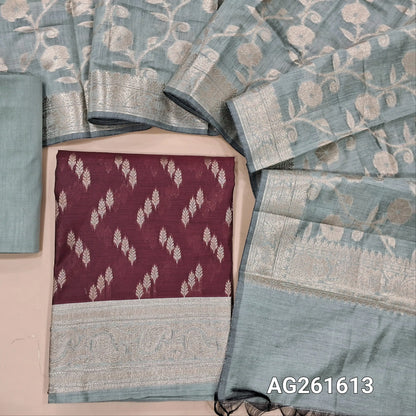 Dark maroon benarasi silk cotton unstitched salwar material, zari buttas all over,antic gold zari weaving on daman,(Lining needed)powder blue silk cototn bottom, benarasi zari woven silk cotton dupatta with borders. AG261613