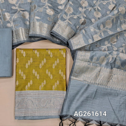 Mehandhi yellow benarasi silk cotton unstitched salwar material, zari buttas all over,antic gold zari weaving on daman,(Lining needed)silver grey silk cototn bottom, benarasi zari woven silk cotton dupatta with borders. AG261614