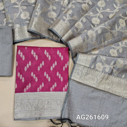 Pink benarasi silk cotton unstitched salwar material, zari buttas all over,antic gold zari weaving on daman,(Lining needed)silver grey silk cototn bottom, benarasi zari woven silk cotton dupatta with borders. AG261609