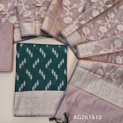 Bottle green benarasi silk cotton unstitched salwar material, zari buttas all over,antic gold zari weaving on daman,(Lining needed)onion pink silk cototn bottom, benarasi zari woven silk cotton dupatta with borders. AG261610