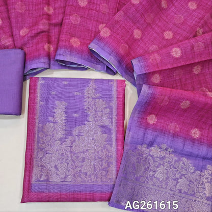 Pink Silk Cotton unstitched salwar material(thin, lining needed),benarasi weaving buttas allover, light purple patch work on yoke, light purple spun cotton bottom, banarasi woven silk cotton dupatta. AG261615