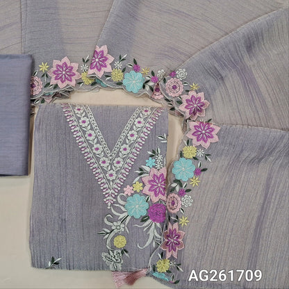 Purple with golden tint crinkled tissue organza silk unstitched salwar material, v neck with 3D thread embroidery yoke,embroidery work on front(lining needed)santoon bottom, crinkled tissue organza silk dupatta with embroidered scallop borders. AG261709