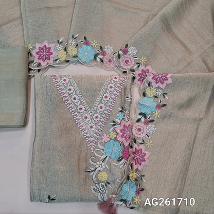 Beige with golden tint crinkled tissue organza silk unstitched salwar material, v neck with 3D thread embroidery yoke,embroidery work on front(lining needed)santoon bottom, crinkled tissue organza silk dupatta with embroidered scallop borders. AG261710