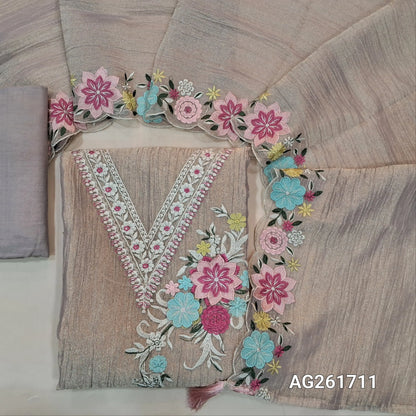 Pink with golden tint crinkled tissue organza silk unstitched salwar material, v neck with 3D thread embroidery yoke,embroidery work on front(lining needed)santoon bottom, crinkled tissue organza silk dupatta with embroidered scallop borders. AG261711