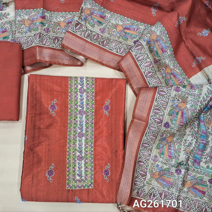 Designer brick red semi tussar unstitched salwar material,digital printed with embroidered yoke,printed with french knot work on front,(lining needed)santoon bottom, semi tussar silk dupatta with madhubani printed pallu and tissue borders. AG261701
