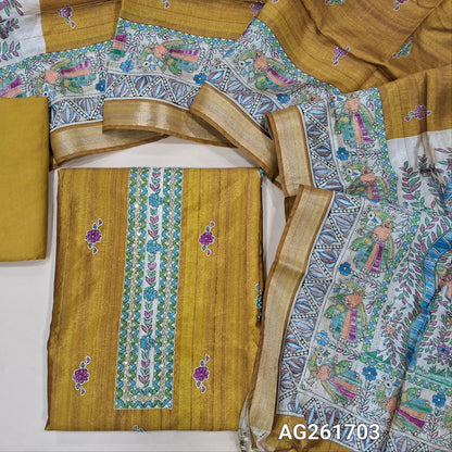 Designer mehandhi yellow semi tussar unstitched salwar material,digital printed with embroidered yoke,printed with french knot work on front,(lining needed)santoon bottom, semi tussar silk dupatta with madhubani printed pallu and tissue borders. AG261703